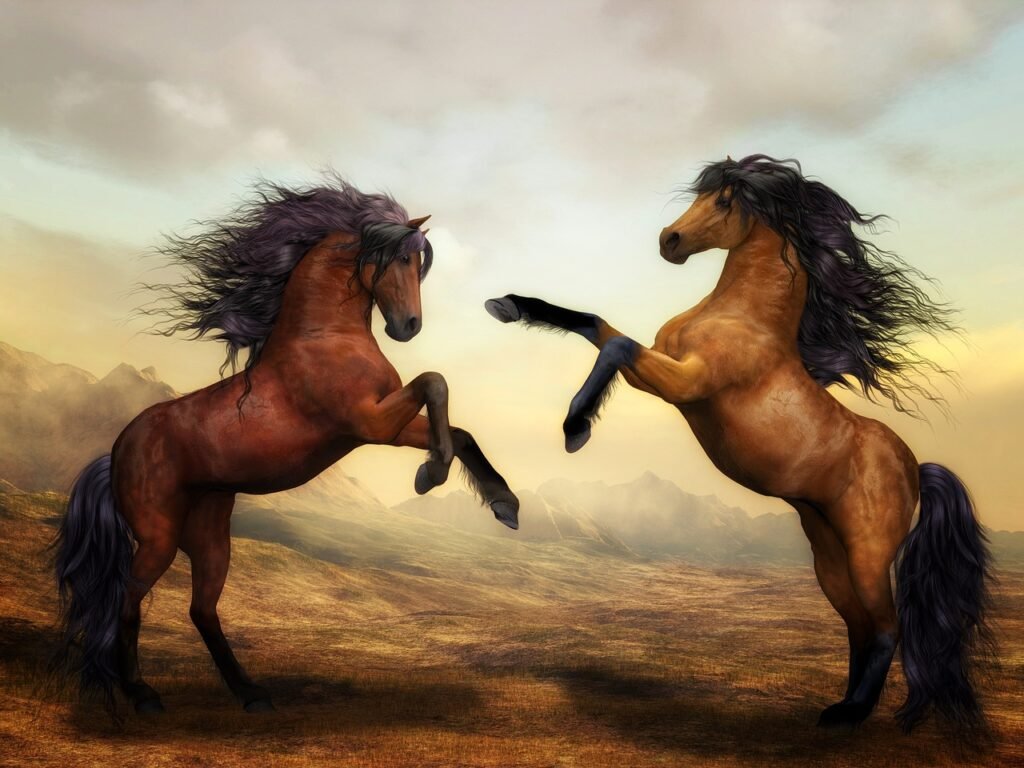 horses, pair, nature, wild horses, animals, wild, stallion, equestrian, horse mane, equines, mammals, animal world, digital painting, digital artwork