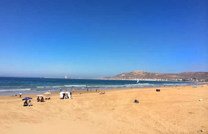 Agadir beach with the Kasbah hill in the background