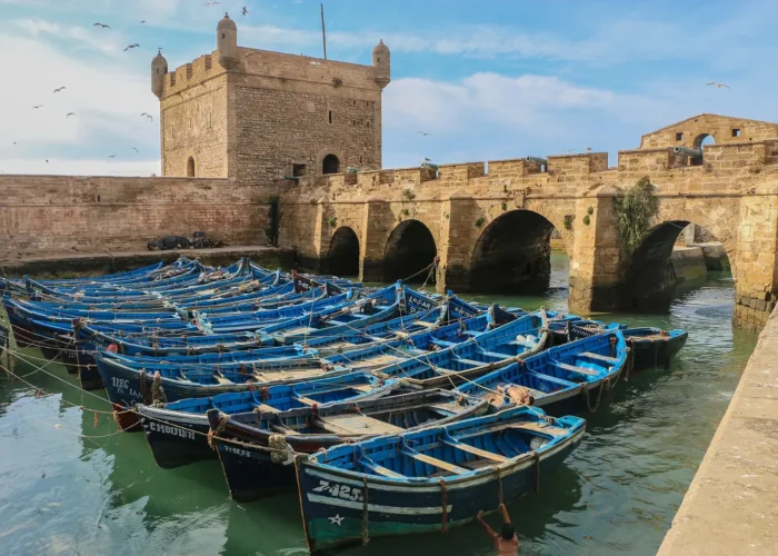 Essaouira sea fortress and blue fishing boats
