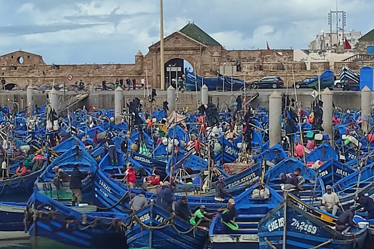 Blue fishing boats in the port of Essaouira