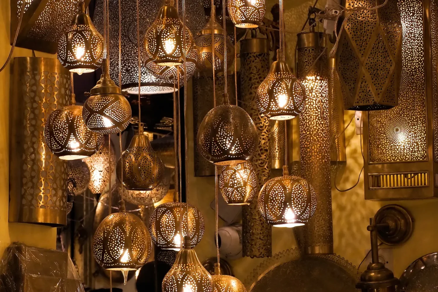 Hanging lanterns in a Marrakech souk