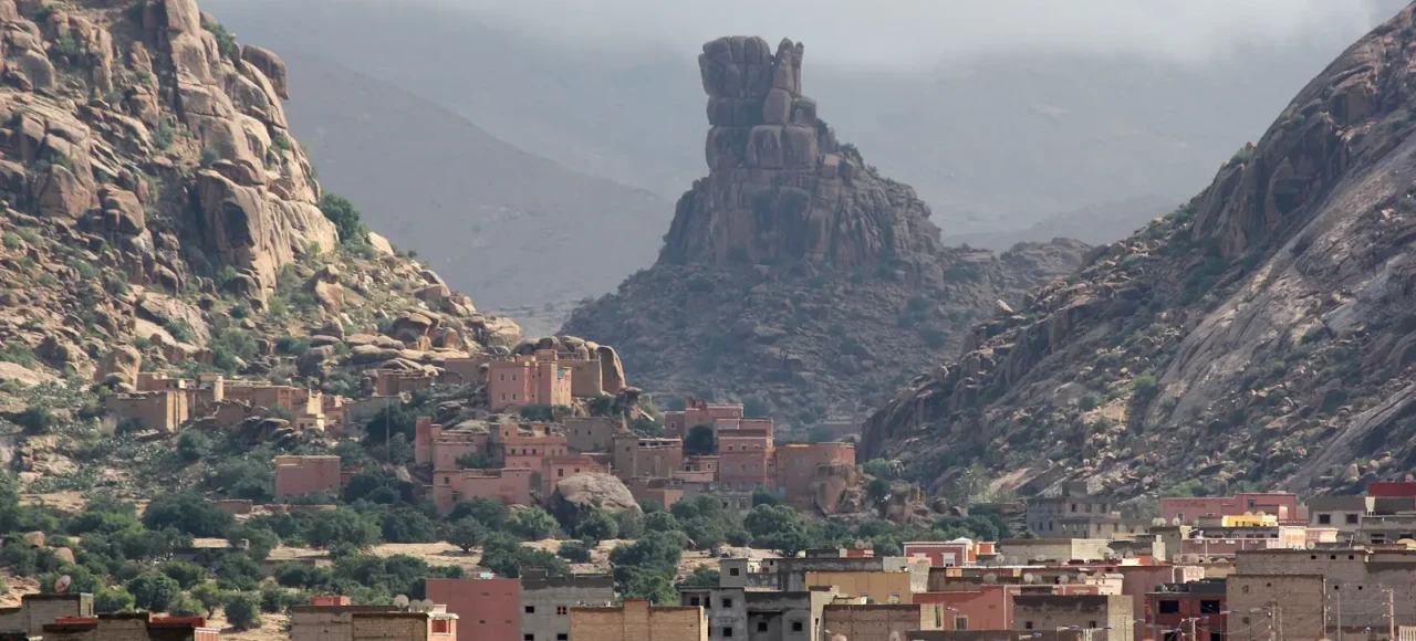 Tafraoute village beneath pink granite rocks