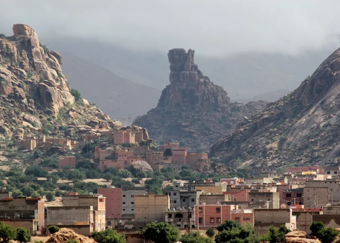 Tafraoute village beneath pink granite rocks
