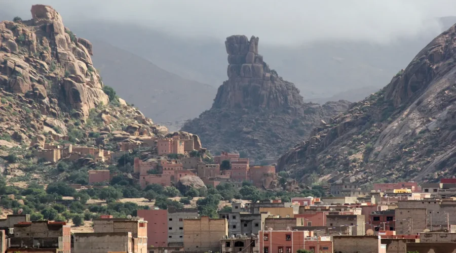 Tafraoute village beneath pink granite rocks
