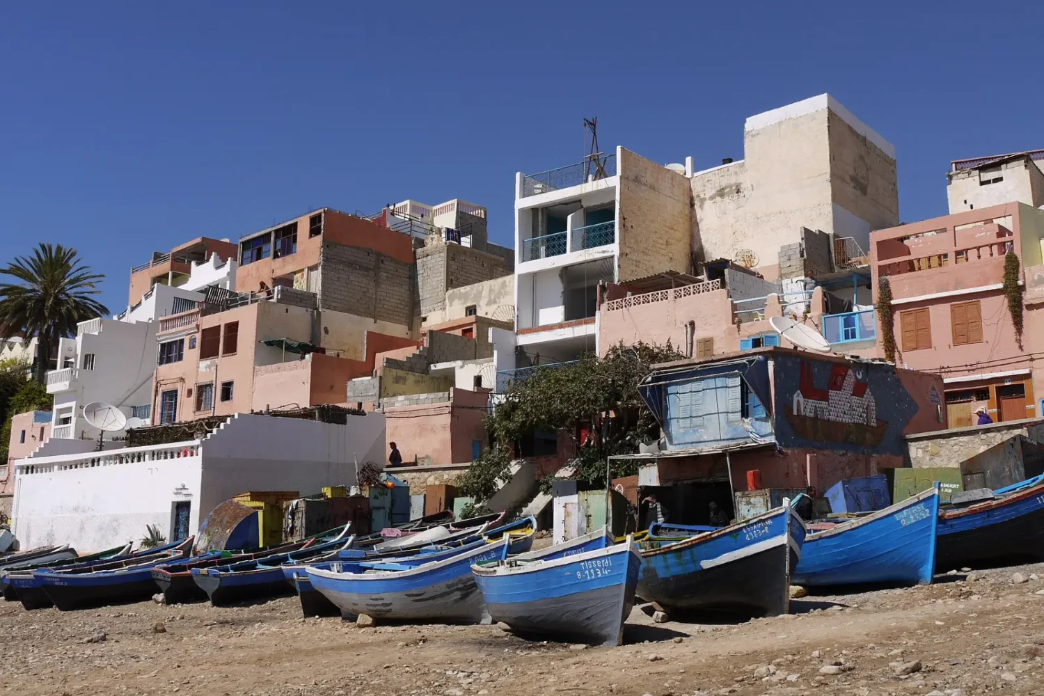Colourful fishing boats in Taghazout
